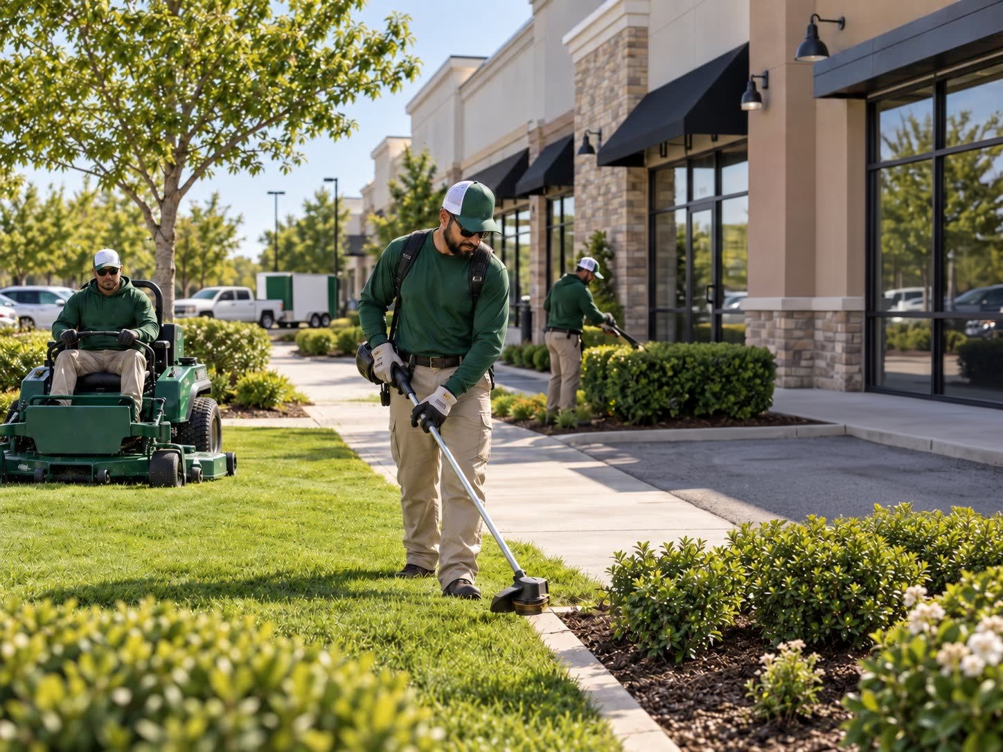 Landscaping crew mowing and trimming the grounds of a retail center