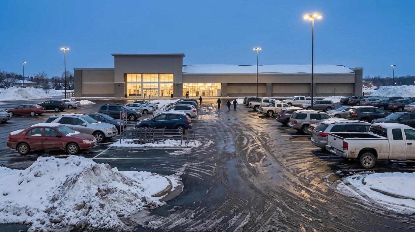 A store parking lot at dusk after a snowstorm, plowed and full of cars
